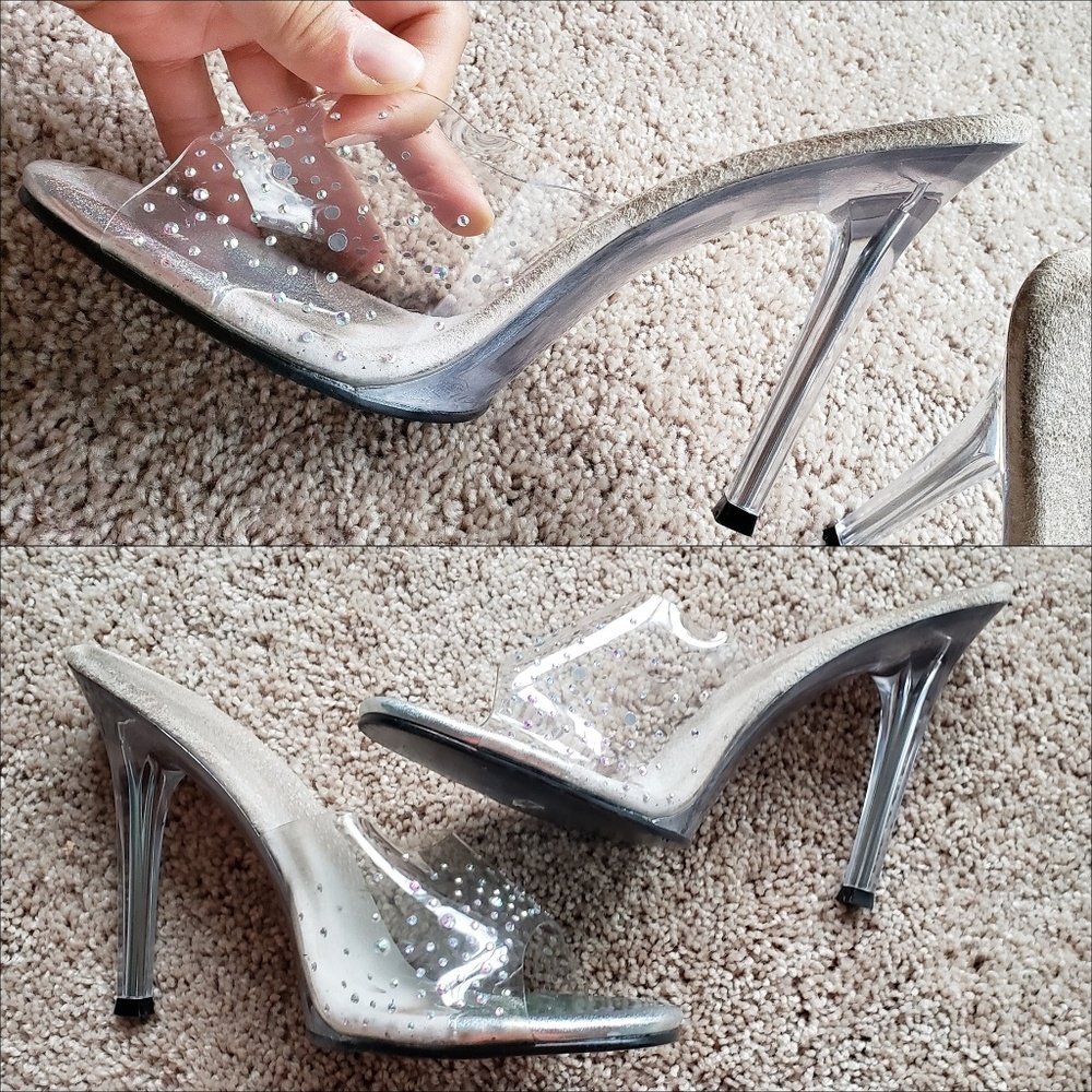 Clear Studded Slip on Cinderella Backless Heels